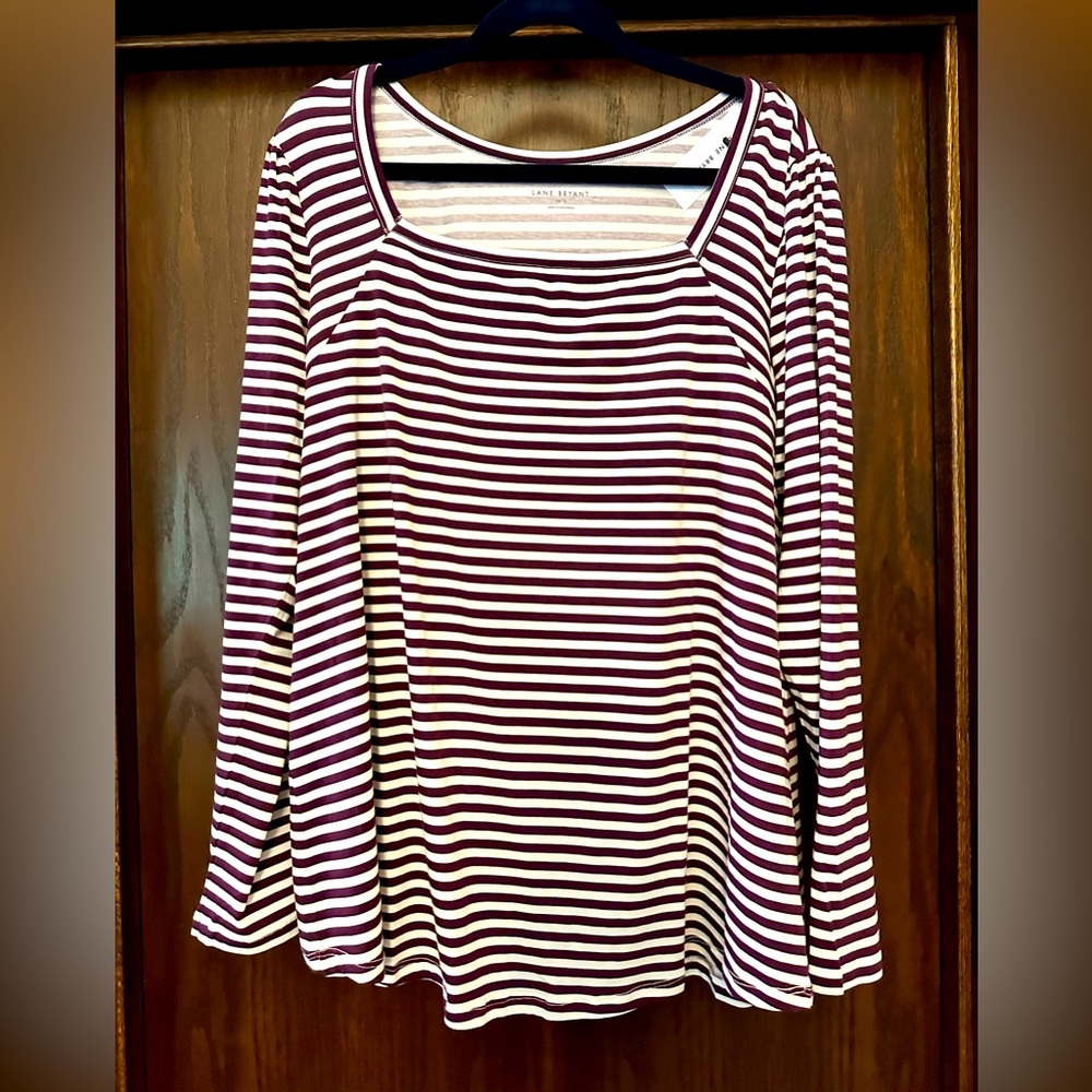 NWT Maroon and White Striped Square Neck Long Sleeve Tee